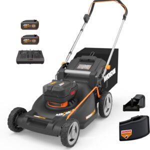 WORX Nitro 21-Inch Cordless Brushless Lawn Mower 1/2 Acre Dual Battery Push WG752