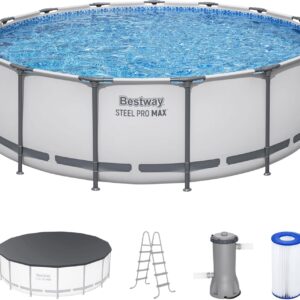 Bestway Steel Pro MAX 15ft Round Above Ground Pool Set with Filter Pump Ladder Cover Gray