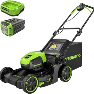 Greenworks 60V 17-Inch Brushless Cordless Lawn Mower 4.0Ah Battery Charger 40Min Runtime Mulching Bagging