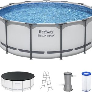Bestway Steel Pro MAX 14ft Round Above Ground Pool Set with Filter Pump Ladder Cover Gray